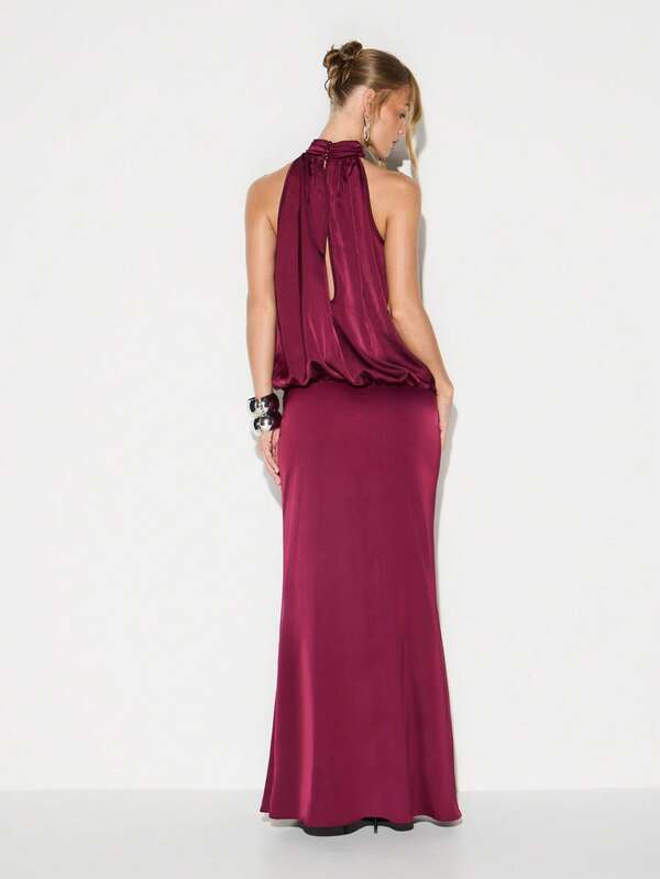 Missguided KIZN Burgundy Halter Neck Blouson Waist Satin Maxi Dress For Evening Cocktail Wedding Guest Formal Occasions