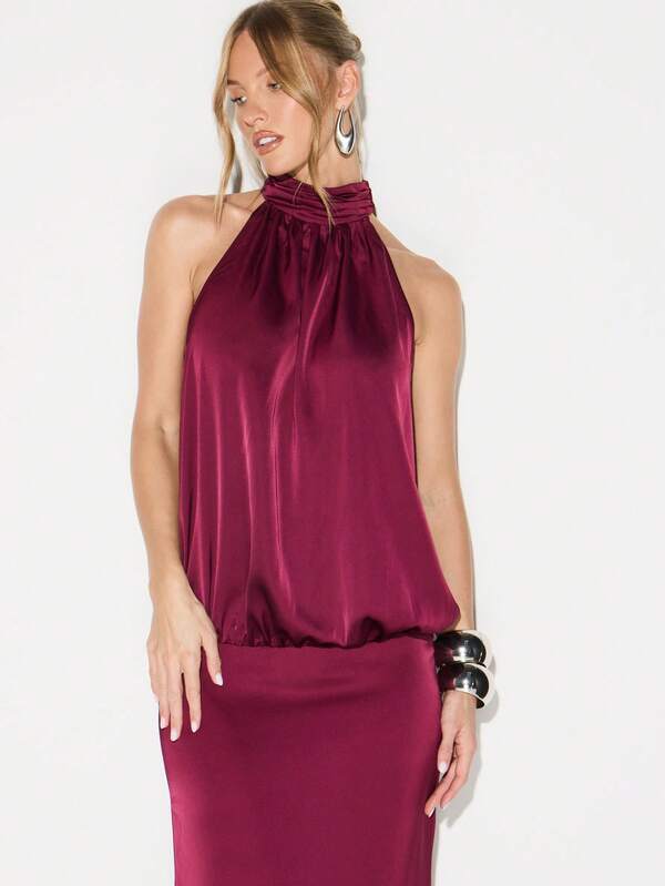 Missguided KIZN Burgundy Halter Neck Blouson Waist Satin Maxi Dress For Evening Cocktail Wedding Guest Formal Occasions