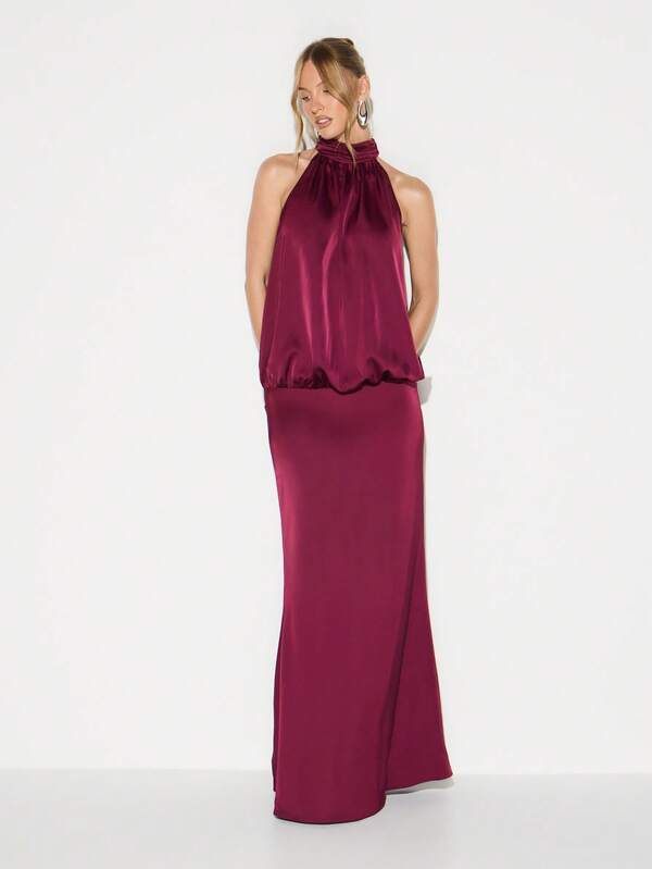 Missguided KIZN Burgundy Halter Neck Blouson Waist Satin Maxi Dress For Evening Cocktail Wedding Guest Formal Occasions
