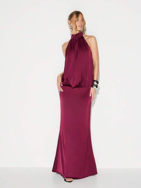 missguided KIZN Burgundy Halter Neck Blouson Waist Satin Maxi Dress For Evening Cocktail Wedding Guest Formal Occasions