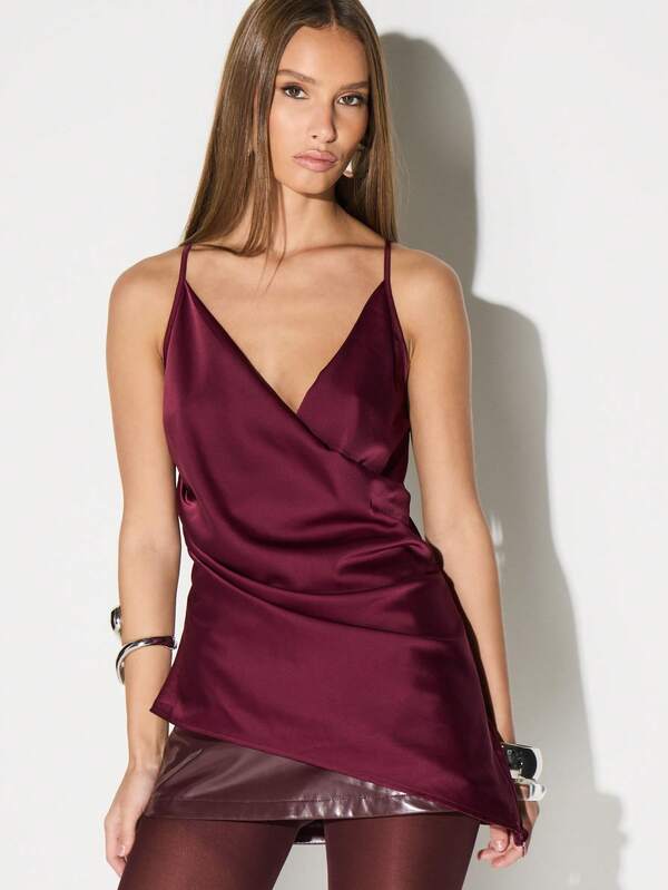 missguided KIZN Burgundy Satin Cowl Neck Wrap Blouse With Cross Back Straps Fall Evening Top
