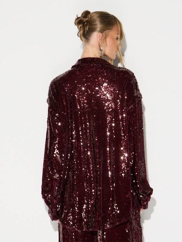 Missguided KIZN Burgundy Sequin Oversized Button Down Blouse Long Sleeve Sparkle Party Top Holiday Evening Glamour Statement Shirt