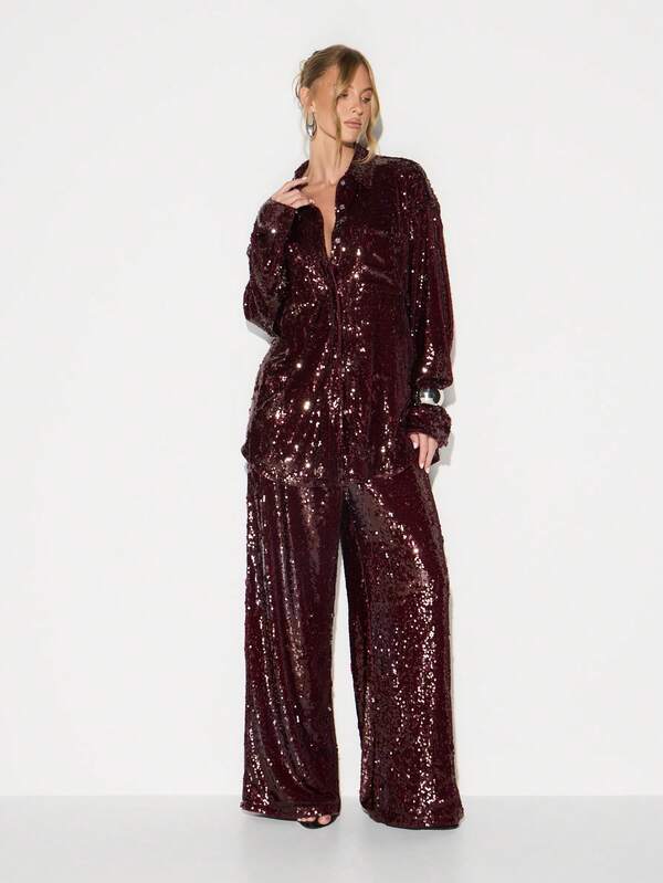 Missguided KIZN Burgundy Sequin Oversized Button Down Blouse Long Sleeve Sparkle Party Top Holiday Evening Glamour Statement Shirt