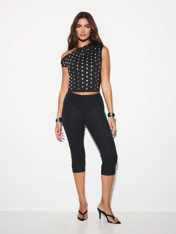 Missguided KIZN Capri Length High Waisted Leggings Stretchy Bengaline Fabric Dressy Evening Wear Form Fitting Bottoms Non See Through Pull On Office Wear Classic Pants