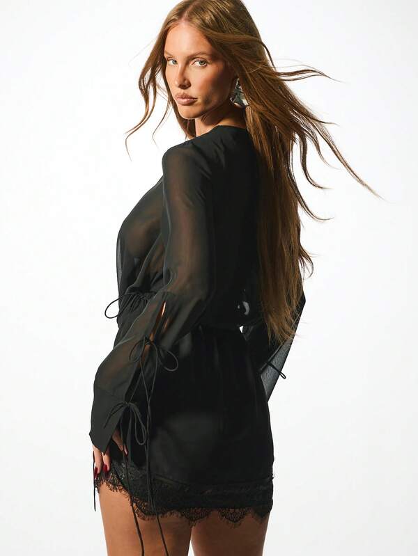 Missguided KIZN Chiffon Long Sleeve Mini Dress Lace Trim Plunge Neck Cocktail Party Evening Semi Sheer Design Layered Waist Tie Club Wear Winter Fall Collection