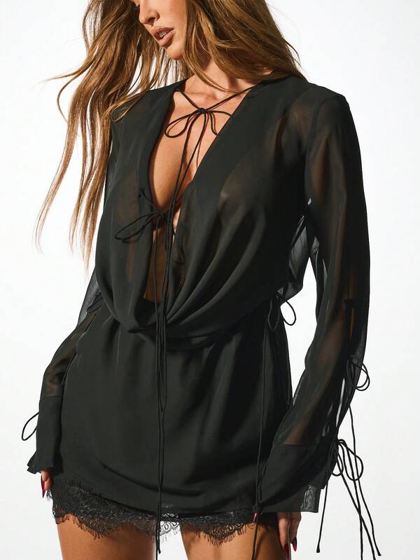 missguided KIZN Chiffon Long Sleeve Mini Dress Lace Trim Plunge Neck Cocktail Party Evening Semi Sheer Design Layered Waist Tie Club Wear Winter Fall Collection