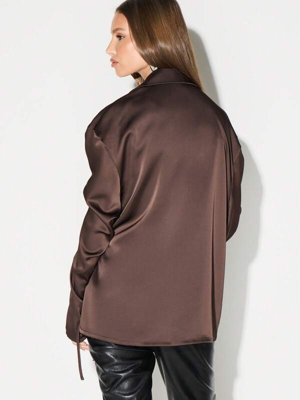 Missguided KIZN Chocolate Brown Wrap Blouse With Tie Detail Long Sleeve Satin Shirt For Office Workwear Fall Winter Fashion