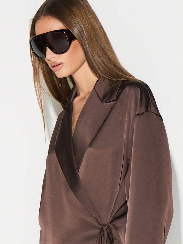 Missguided KIZN Chocolate Brown Wrap Blouse With Tie Detail Long Sleeve Satin Shirt For Office Workwear Fall Winter Fashion