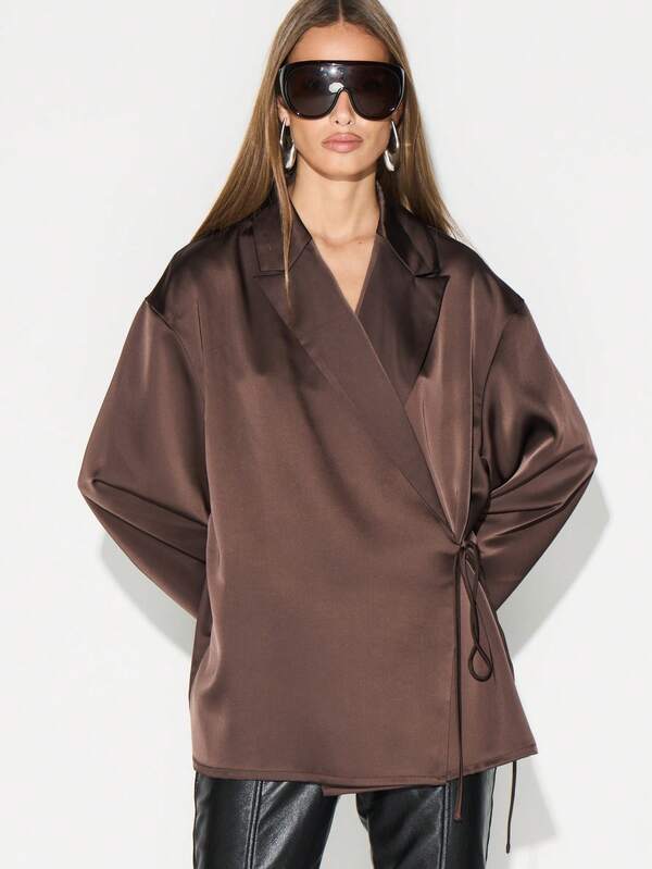 missguided KIZN Chocolate Brown Wrap Blouse With Tie Detail Long Sleeve Satin Shirt For Office Workwear Fall Winter Fashion