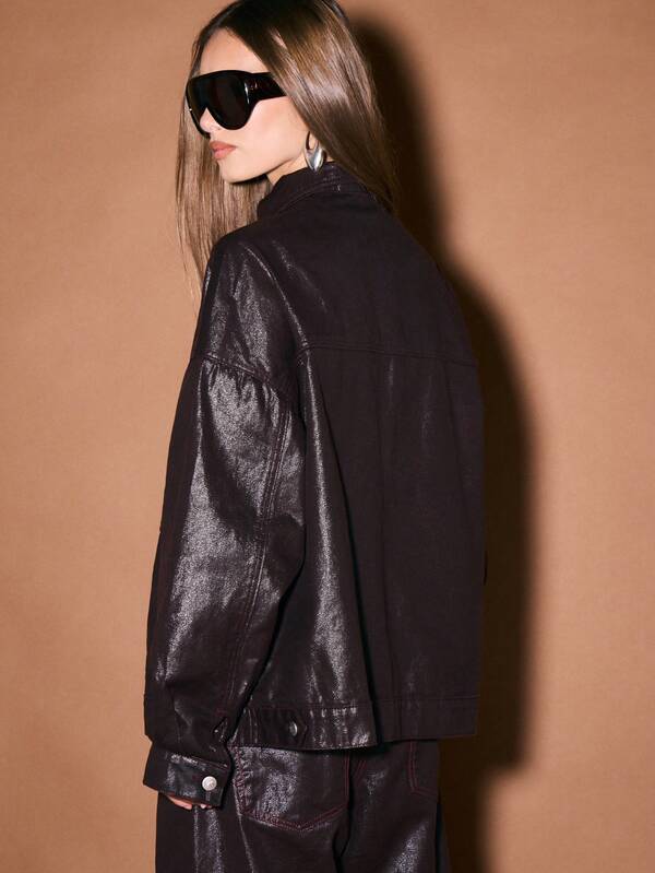 Missguided KIZN Coated Denim Jacket Oversized Button Front Long Sleeve Fall Winter Outerwear