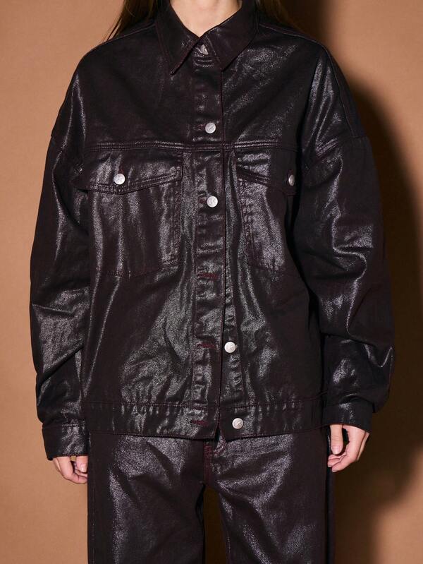Missguided KIZN Coated Denim Jacket Oversized Button Front Long Sleeve Fall Winter Outerwear