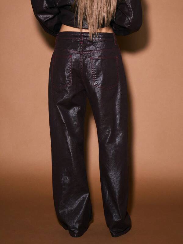 Missguided KIZN Coated High Rise Wide Leg Palazzo Jeans With Metallic Finish For Women Fall Winter Party Evening Wear