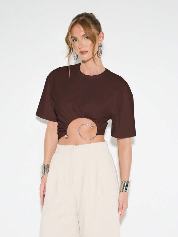 Missguided KIZN Cutout Crop T Shirt Metal Ring Detail Oversized Sleeves Summer Statement Top Festival Fashion Aesthetic Waist Cut Out Casual Modern Design