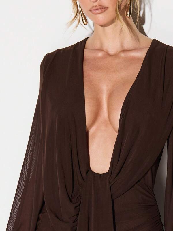 Missguided KIZN Deep Plunge Mesh Cowl Drape Detail Long Sleeve Mini Dress With Open Back And Asymmetric Hem For Evening Party Occasions
