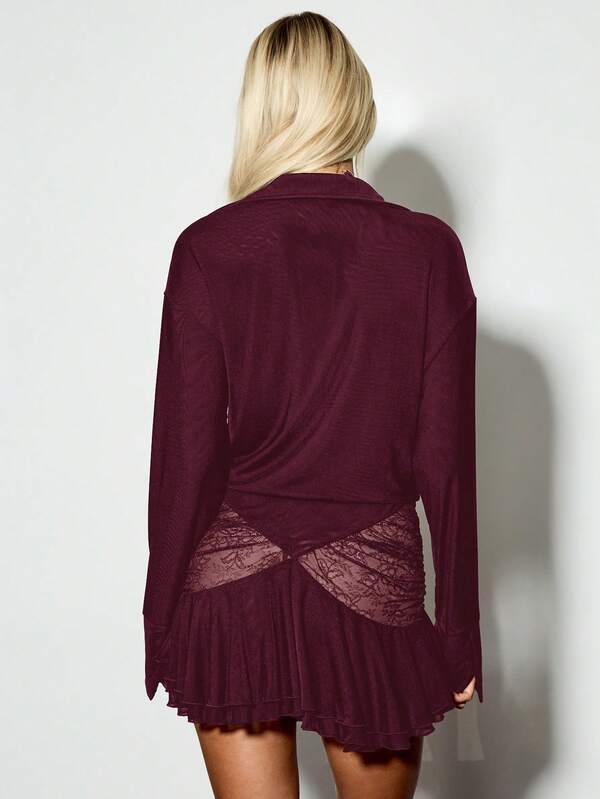 Missguided KIZN Deep V Neck Long Sleeve Mesh Lace Panel Mini Dress With Cowl Draping