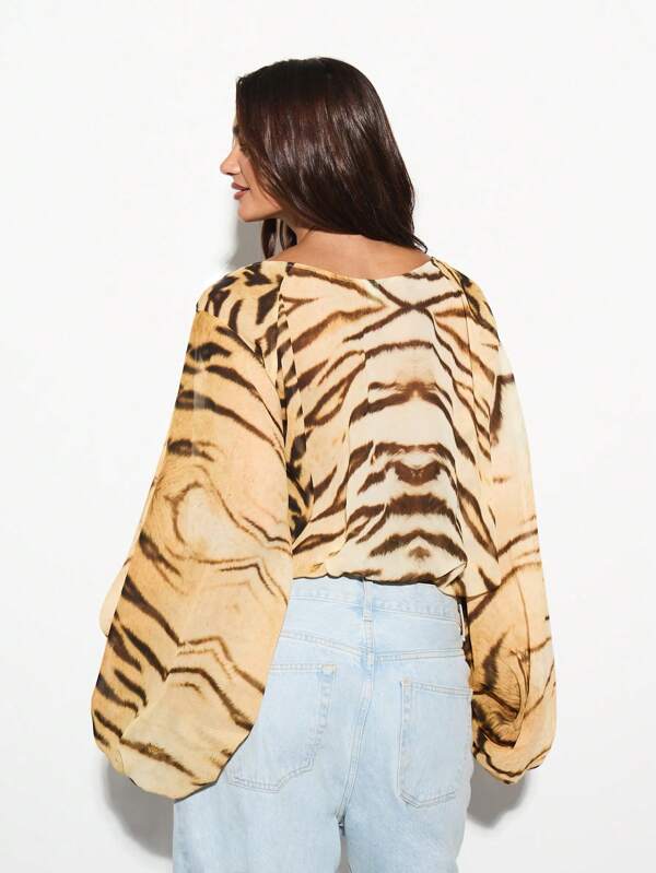 Missguided KIZN Designer Animal Print Lace Up Top Blouson Sleeve Ruched Spring Summer Festival Party Vacation Casual Club Chic Blouse