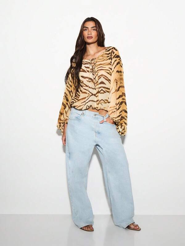 Missguided KIZN Designer Animal Print Lace Up Top Blouson Sleeve Ruched Spring Summer Festival Party Vacation Casual Club Chic Blouse