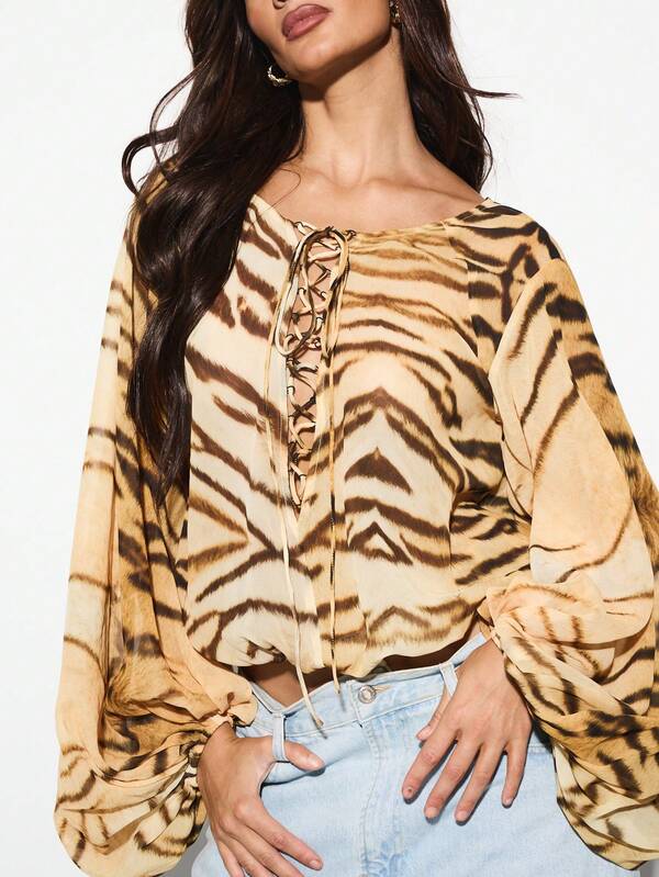 Missguided KIZN Designer Animal Print Lace Up Top Blouson Sleeve Ruched Spring Summer Festival Party Vacation Casual Club Chic Blouse