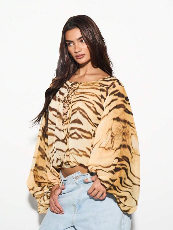 missguided KIZN Designer Animal Print Lace Up Top Blouson Sleeve Ruched Spring Summer Festival Party Vacation Casual Club Chic Blouse