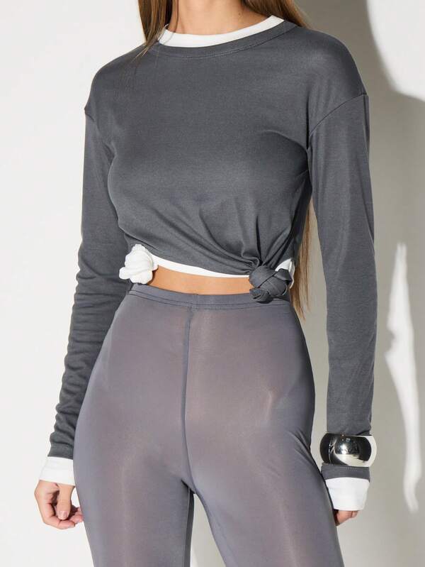 Missguided KIZN Double Layer Knot Detail Long Sleeve Crop Top Casual Comfort Layered Style