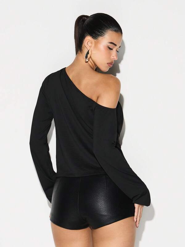 Missguided KIZN Draped Off Shoulder Long Sleeve Blouse With Plunge Neckline Ruched Detail Evening Party Top