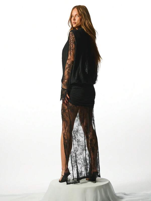 Missguided KIZN Elegant Plunging Neckline Sheer Lace Maxi Dress Long Sleeve Draped Evening Party Special Occasion Deep V Neck Ruched Waist Gown