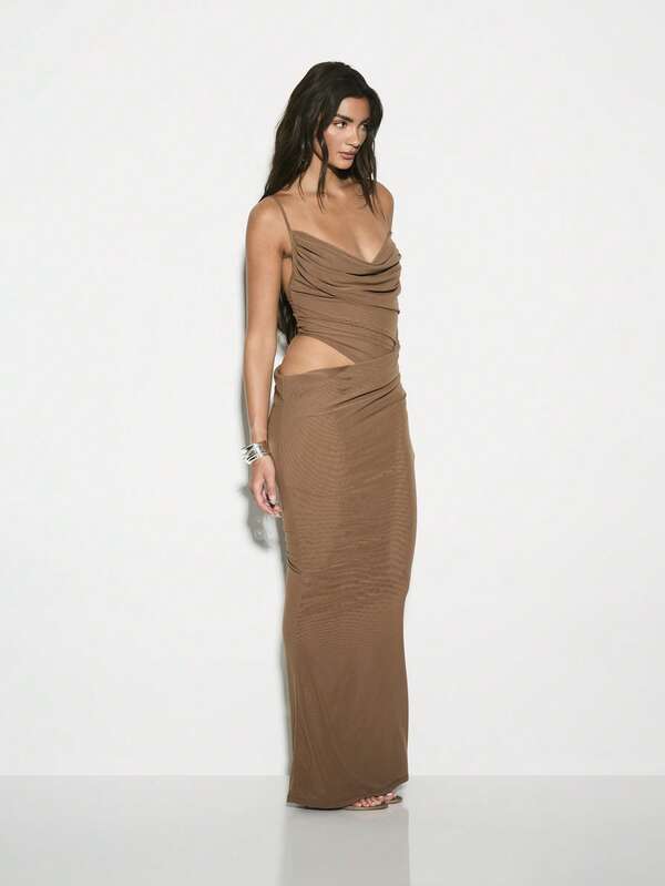 Missguided KIZN Elegant Ruched Cowl Neck Maxi Dress With Side Cutout Detail Evening Gown Party Wedding Guest Special Occasion Floor Length Bodycon Dress