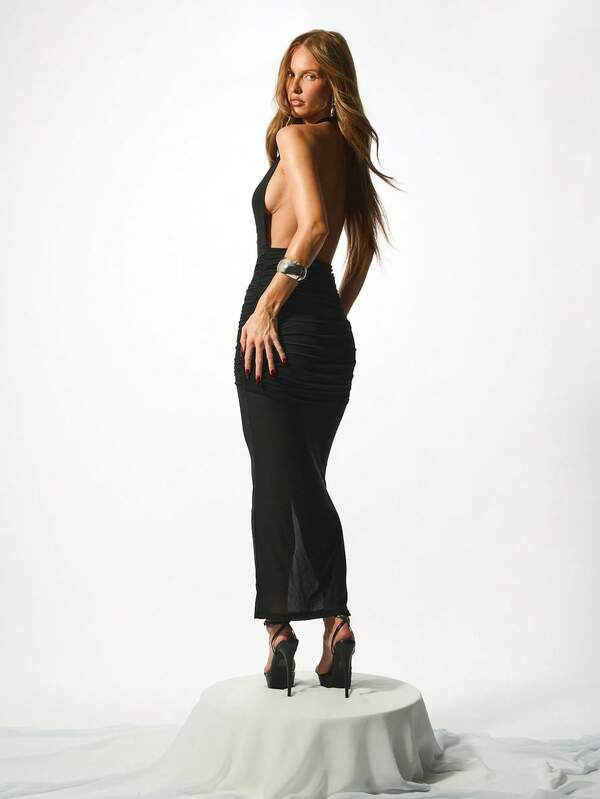 Missguided KIZN Elegant Ruched Halter Neck Evening Gown Backless Party Dress Formal Black Mesh Midaxi Length Dramatic Side Ruffle Detail Bodycon Dress
