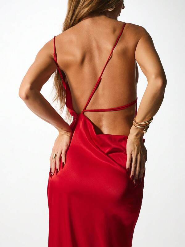 Missguided KIZN Elegant Satin Cowl Neck Maxi Dress Open Back Party Evening Gown Wedding Guest Floor Length Slim Fit Special Occasion Formal Dress