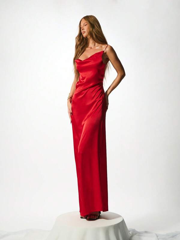missguided KIZN Elegant Satin Cowl Neck Maxi Dress Open Back Party Evening Gown Wedding Guest Floor Length Slim Fit Special Occasion Formal Dress