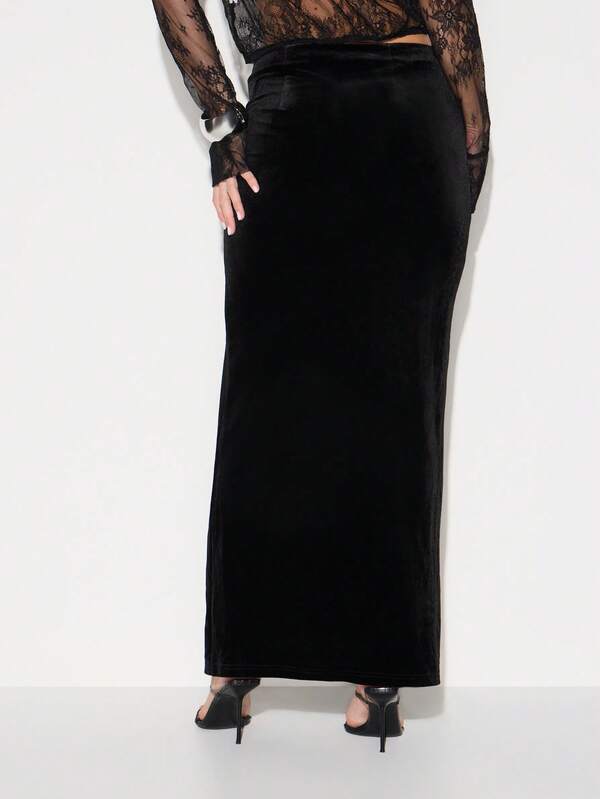 Missguided KIZN Elegant Velvet Maxi Skirt With High Slit For Evening Party Wedding Guest Cocktail Formal Occasion