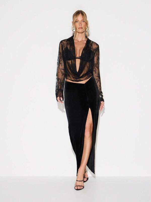 Missguided KIZN Elegant Velvet Maxi Skirt With High Slit For Evening Party Wedding Guest Cocktail Formal Occasion