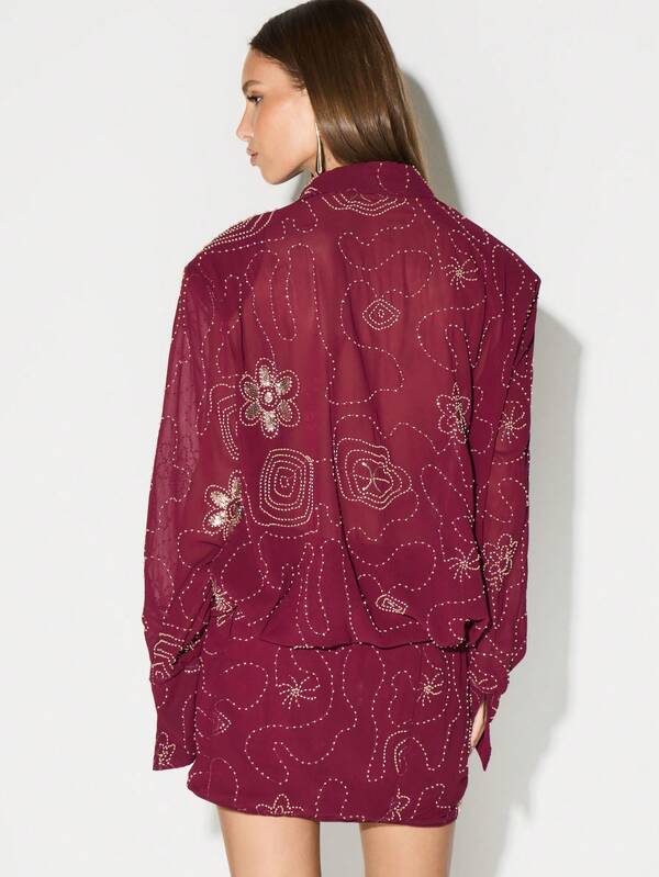 Missguided KIZN Embellished Burgundy Long Sleeve Mini Dress With Beaded Floral Pattern For Party Evening Cocktail Occasions