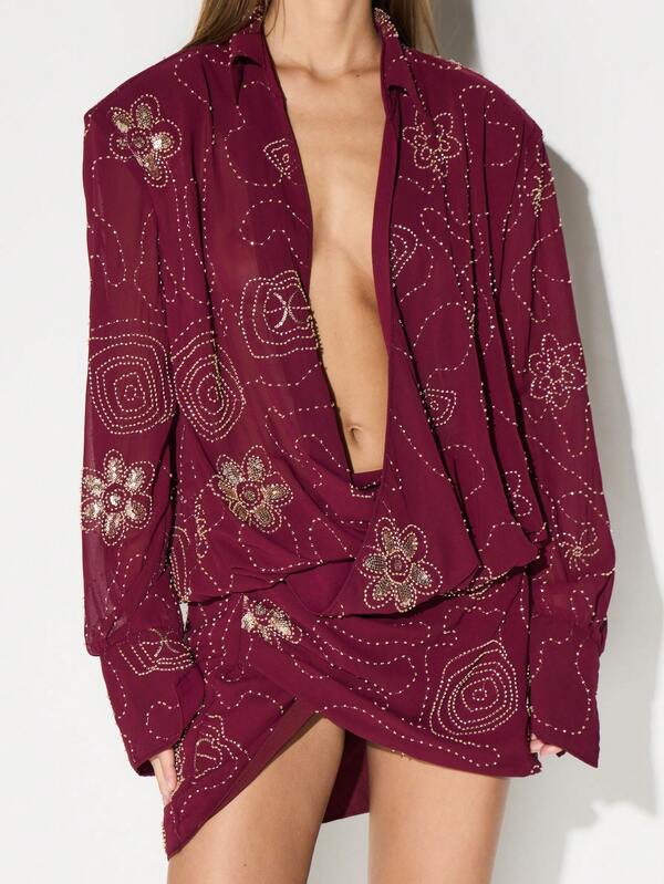 missguided KIZN Embellished Burgundy Long Sleeve Mini Dress With Beaded Floral Pattern For Party Evening Cocktail Occasions