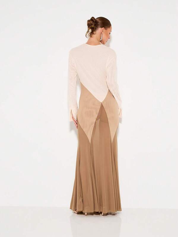 Missguided KIZN Evening Gown Mesh Panel Long Sleeve Plunging Cowl Neck Mermaid Formal Dress For Prom Pageant Wedding Guest Special Occasion