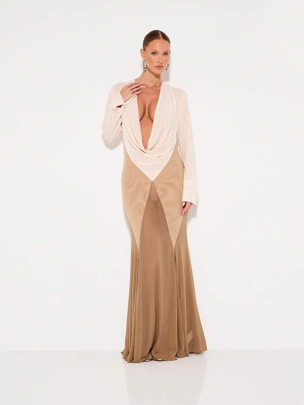 missguided KIZN Evening Gown Mesh Panel Long Sleeve Plunging Cowl Neck Mermaid Formal Dress For Prom Pageant Wedding Guest Special Occasion