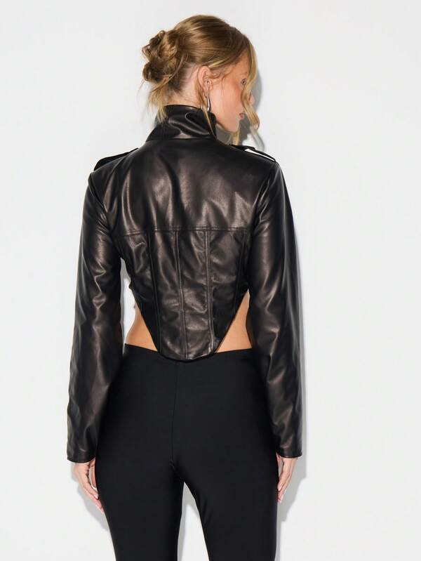 Missguided KIZN Extreme Dipped Cropped Leather Biker Jacket With Stand Collar And Front Zip Closure