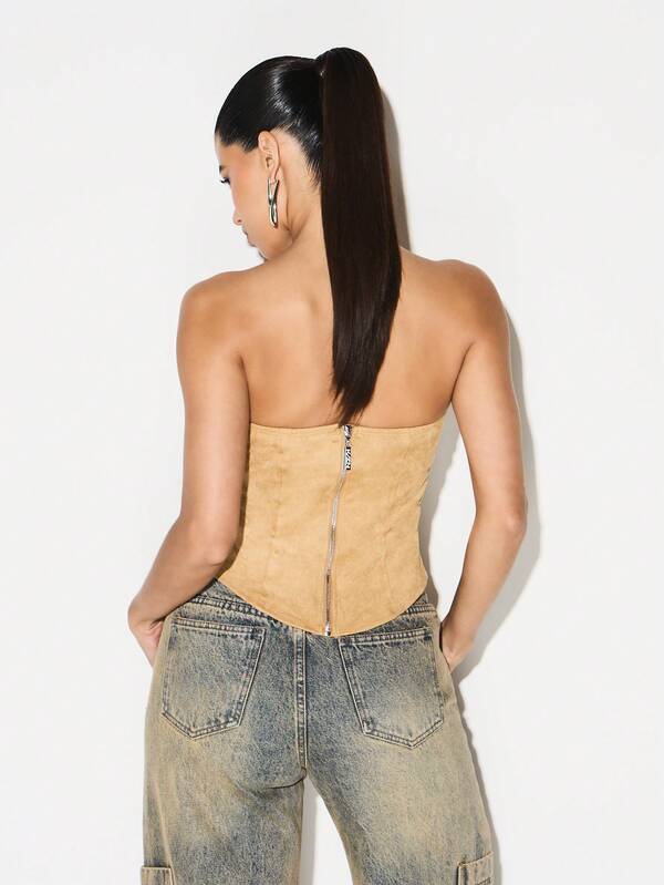 Missguided KIZN Faux Suede Strapless Corset Top With Zip Back Closure Bustier Style Bodycon