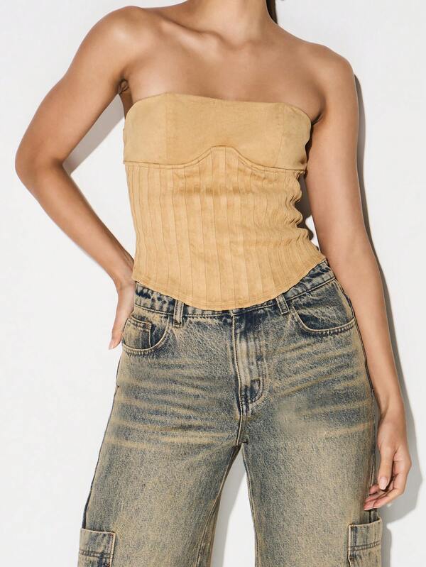 missguided KIZN Faux Suede Strapless Corset Top With Zip Back Closure Bustier Style Bodycon