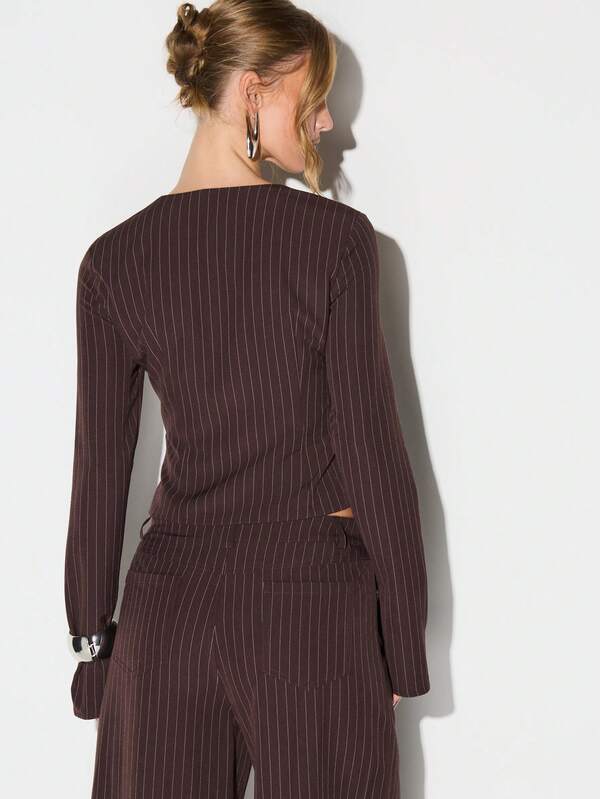 Missguided KIZN Flare Sleeve Pinstripe Hook And Eye Square Neck Button Front Top For Office Professional Work