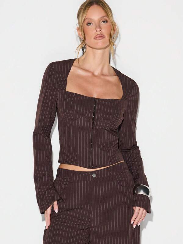 missguided KIZN Flare Sleeve Pinstripe Hook And Eye Square Neck Button Front Top For Office Professional Work