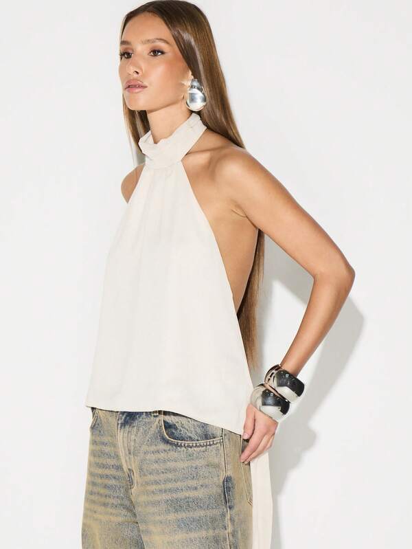 Missguided KIZN Halter High Neck Backless Blouse Open Back Top Summer Party Sleeveless