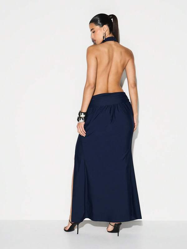 Missguided KIZN Halter High Neck Maxi Dress With Ruched Detailing And Side Slit Opening
