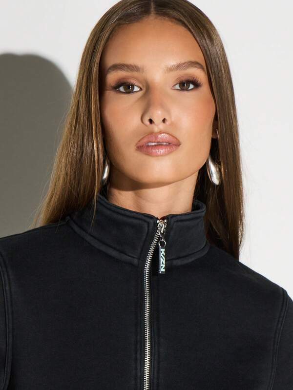 Missguided KIZN High Neck Zip Up Cropped Jacket With Full Zipper Closure For Winter Layering And Fall Outerwear