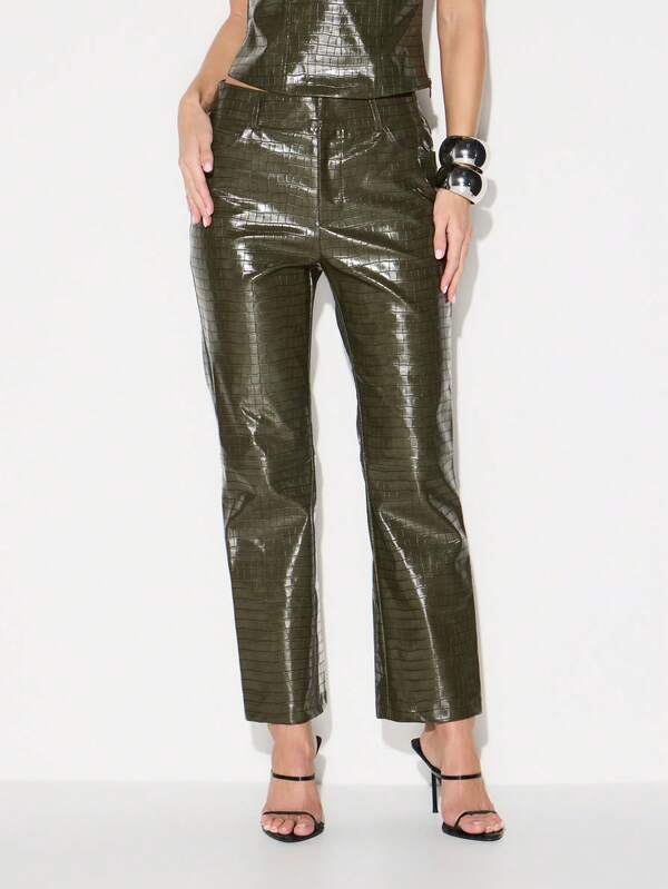 missguided KIZN High Rise Faux Leather Pants With Crocodile Embossed Pattern For Women