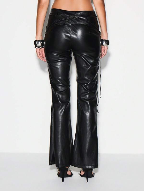 Missguided KIZN High Rise Leather Flare Pants With Lace Up Front And Braided Belt Details