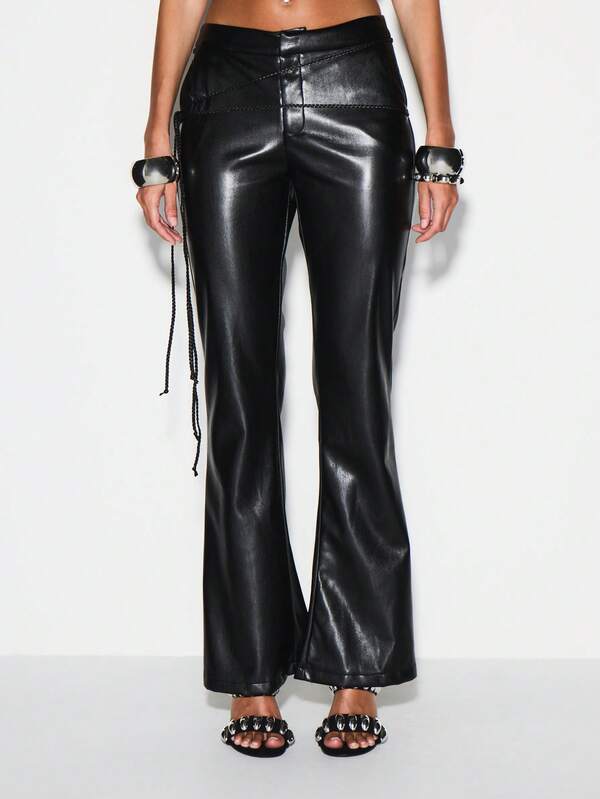 missguided KIZN High Rise Leather Flare Pants With Lace Up Front And Braided Belt Details