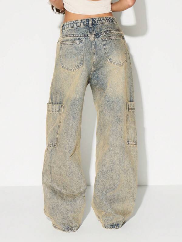 Missguided KIZN High Rise Washed Cargo Jeans Wide Leg Palazzo Denim Pants With Utility Pockets