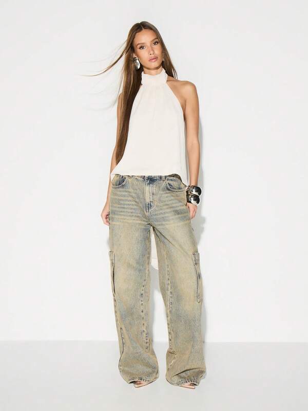 Missguided KIZN High Rise Washed Cargo Jeans Wide Leg Palazzo Denim Pants With Utility Pockets