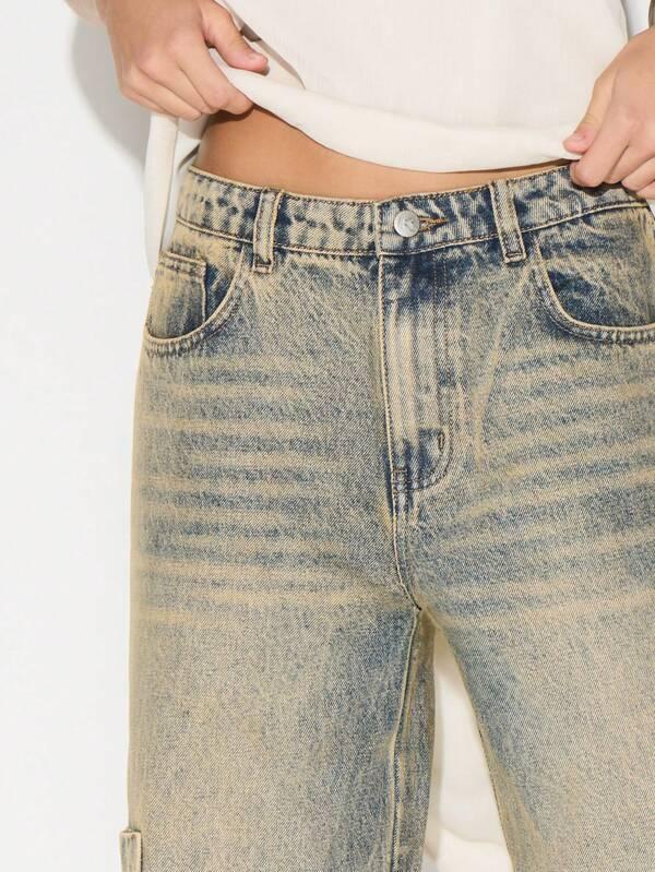 Missguided KIZN High Rise Washed Cargo Jeans Wide Leg Palazzo Denim Pants With Utility Pockets